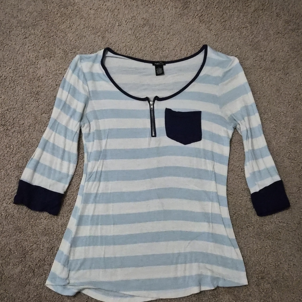 Rue21 Light Blue & White Striped Scoop Neck Top with Navy Accents And Front Zip